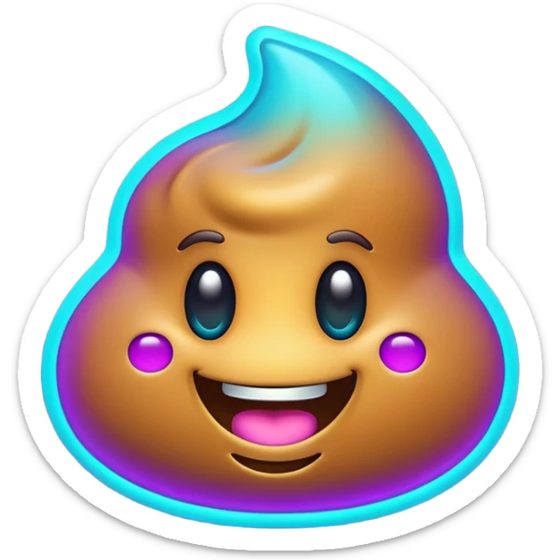futuristic glowing poop emoji with funny smiling face, purple and cyan neon glow, dark background sticker