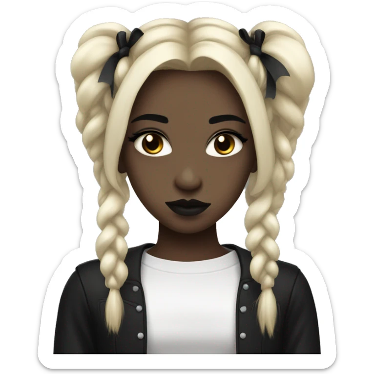a girl with very fair skin and black strong makeup like an emo, in black clothes with crosses and bows sticker