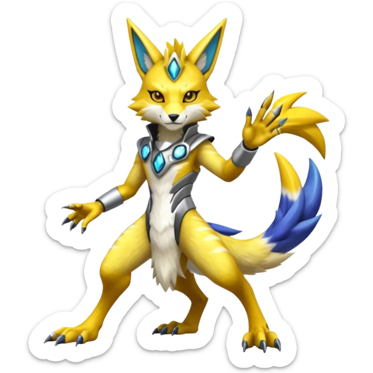 Modern anthropomorphic furry futuristic shiny colorful Lombax-Zeraora-Renamon-fusion (full body) sticker