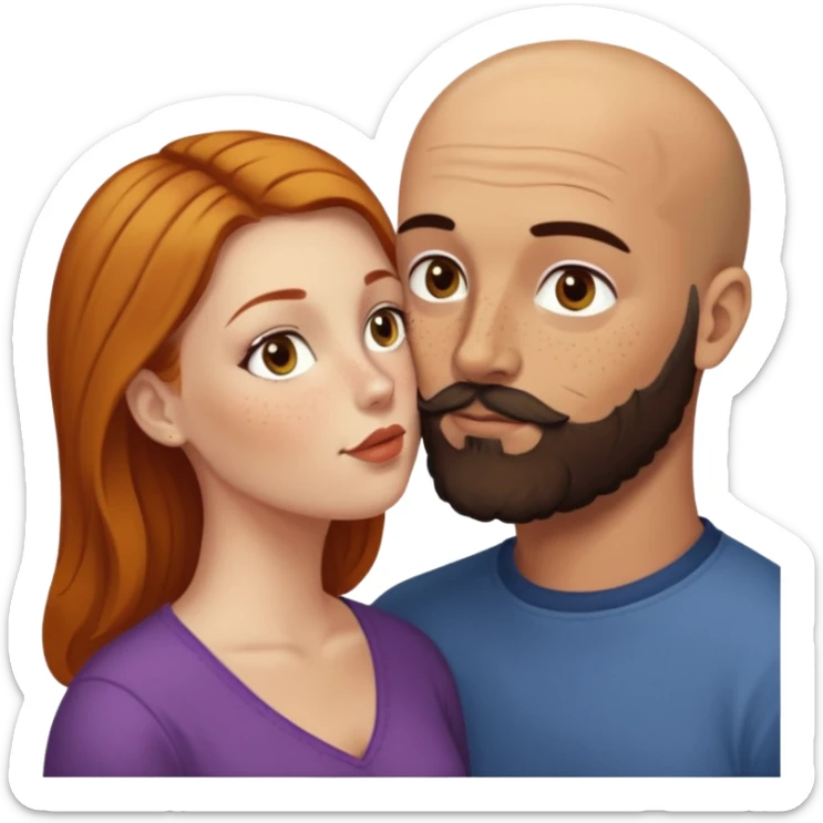 Couple. Bald man with dark brown-black beard. White woman with many small, faded freckles, she has white skin and she has auburn-yellow-brown-cinnamon, dark long hair. She has light brown eyes. The man have hazel eyes. Retro style. They kiss. sticker