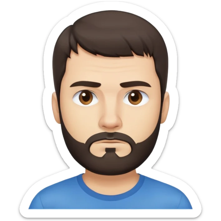 Caucasian Argentine man with straight dark brown hair, loose hairstyle with bangs, short full beard, serious-neutral expression, basic blue t-shirt sticker