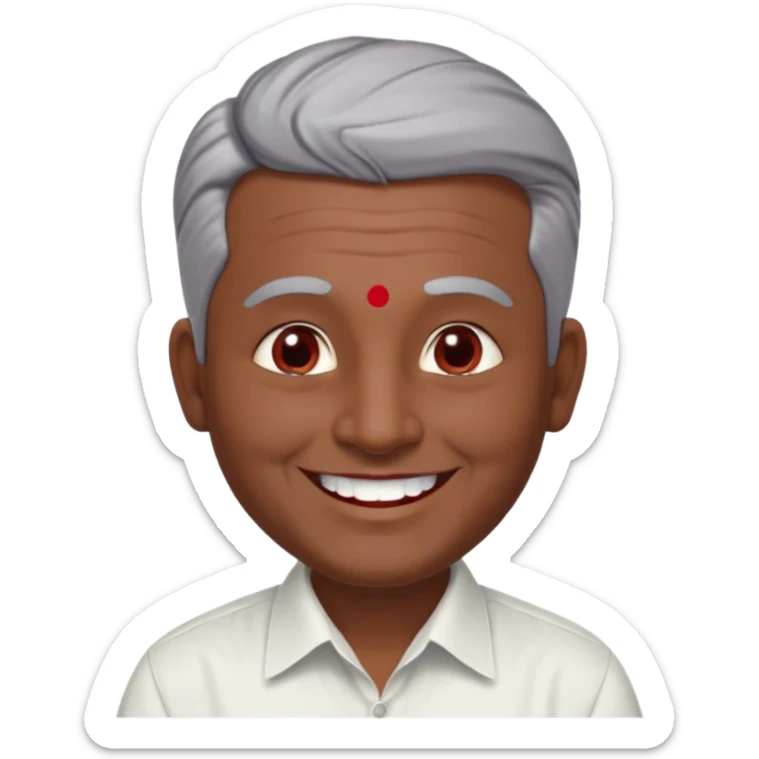 50 yr old indian man, dark skin, grey hair, big smile, white teeth, chubby, no moustache, clean shaven, young style hair, hair brushed back, 5 oclock shadow, bindy, dress shirt, forehead dot, chubby, religious, red dot, fancy hair, red dot sticker