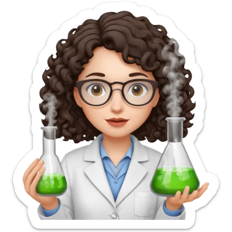A crazy female scientist, with curly dark brown hair, brown eyes and grey glasses and pale skin  sticker