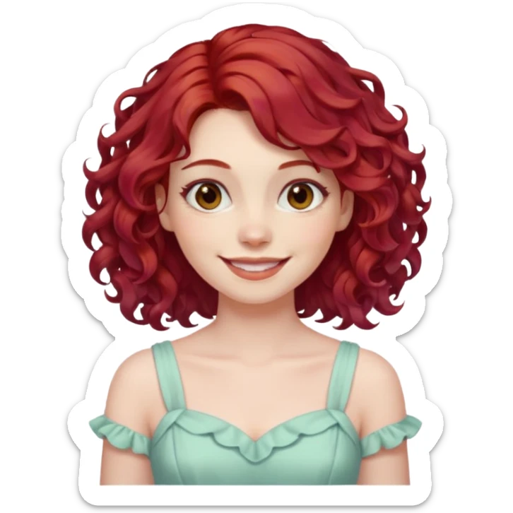 woman with shoulder length curly cherry red hair with brown eyes and pale skin smiling. pastel dress sticker