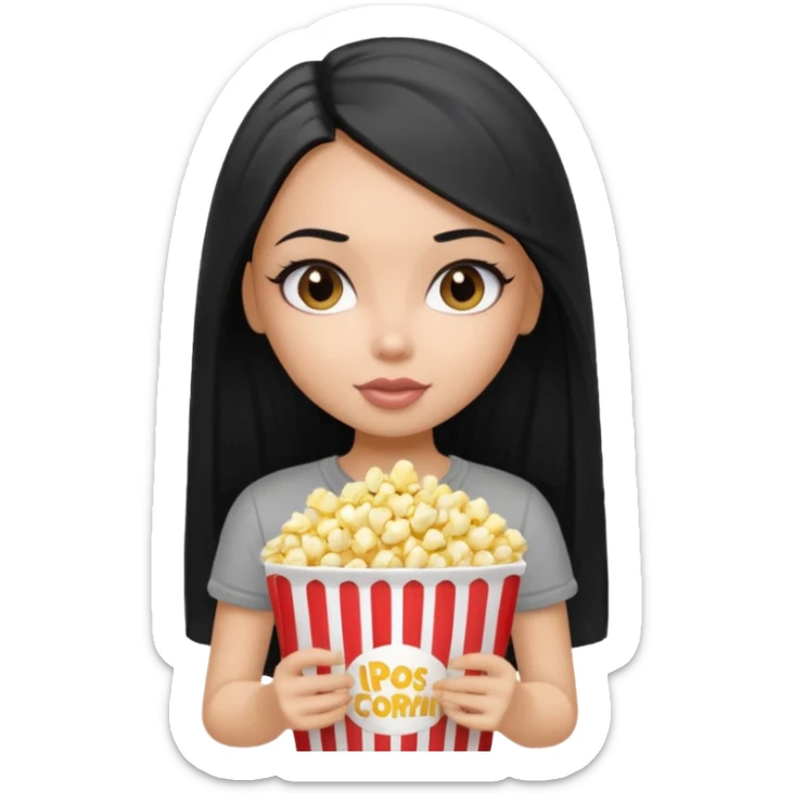 a pretty bratz dusky girl with long straight hair with popcorn nd wearing a grey tshirt sticker
