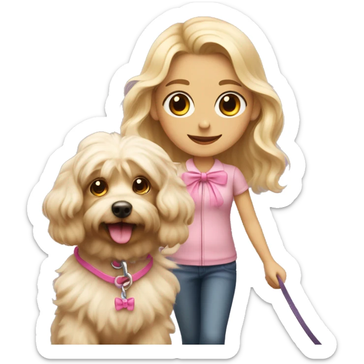 blonde girl with wavy hair taking a little fluffy dog for a walk with a pink bow and leash sticker