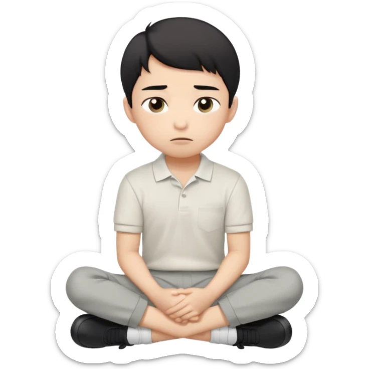 A cartoon young Asian boy with short black hair, light beige skin, and large expressive eyes, wearing a white polo shirt, gray pants, and black shoes. He sits cross-legged on the ground, one fist resting on his cheek, with a closed-mouth smirk. Clean lines, flat colors, solid black background. sticker