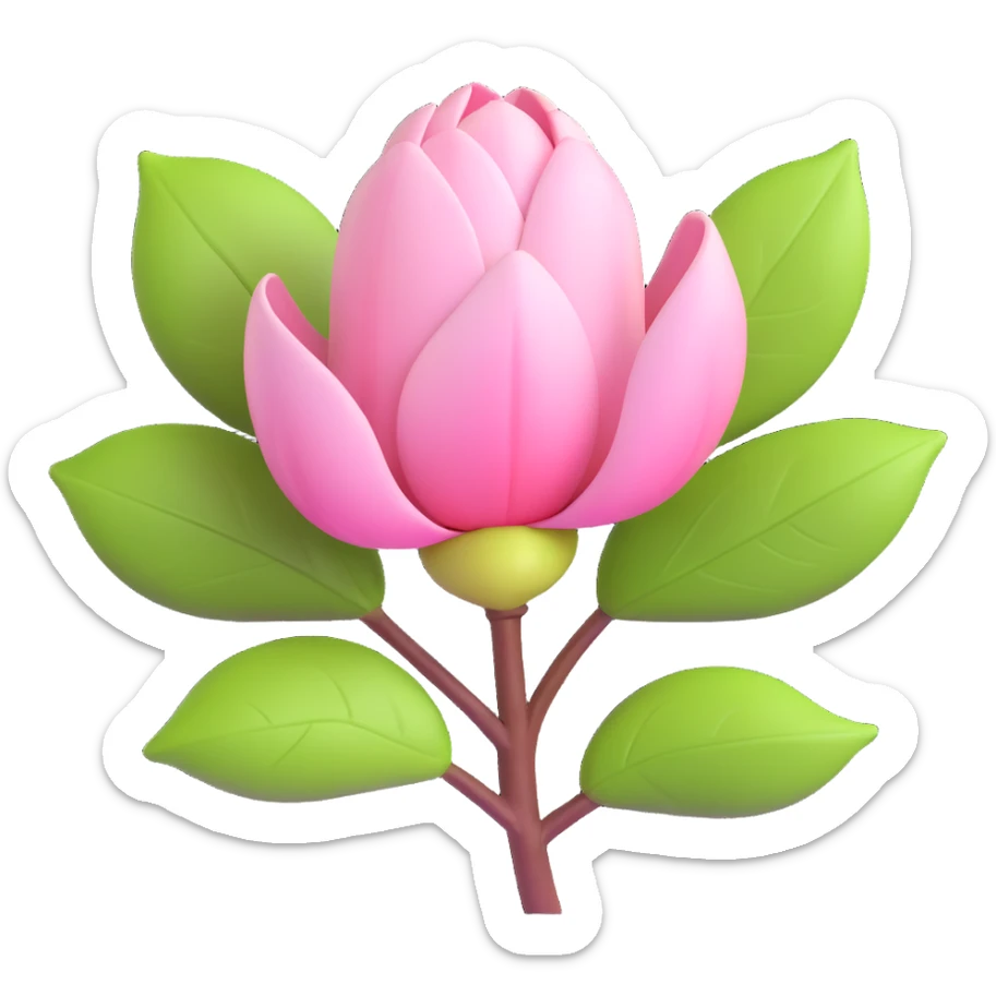 3D icon of a magnolia bud with pinkish tint and glossy green leaves, modern look sticker