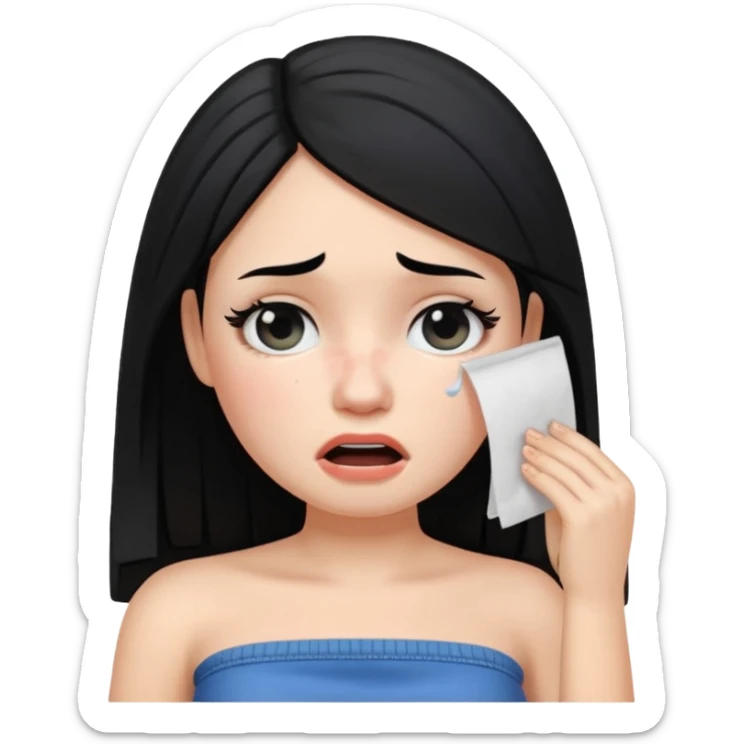 making a white skin black hair girl wearing tube using paper to swipe her tears because of stress ios memoji style sticker