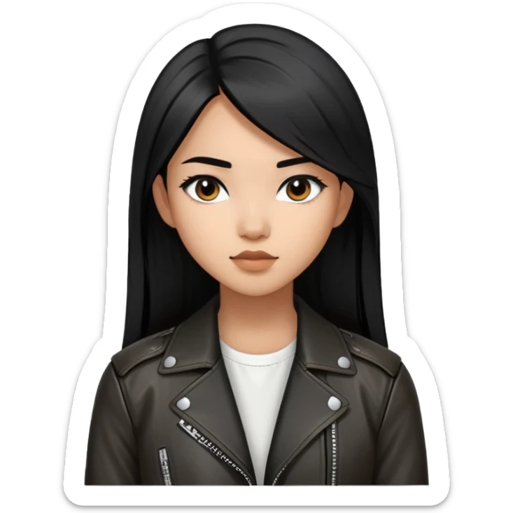 create an emoji of a 22-year-old woman, long straight black hair, black eyes with Asian features, she is brown, wears a black leather jacket with a white blouse underneath sticker