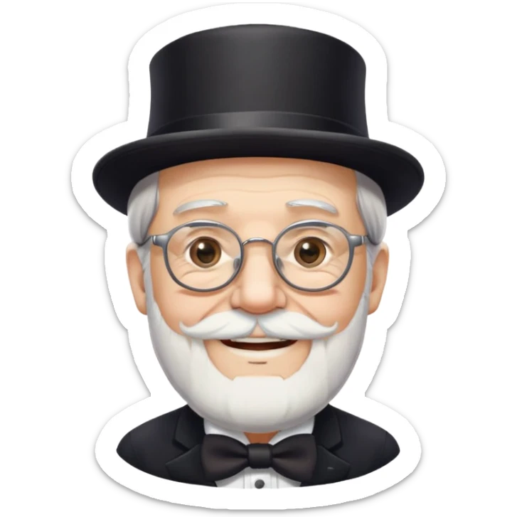 ông lão 70 tuổi, da trắng, tóc bạc, râu trắng, đội mũ ảo thuật đen, đeo kính, mặt cười mỉm sticker