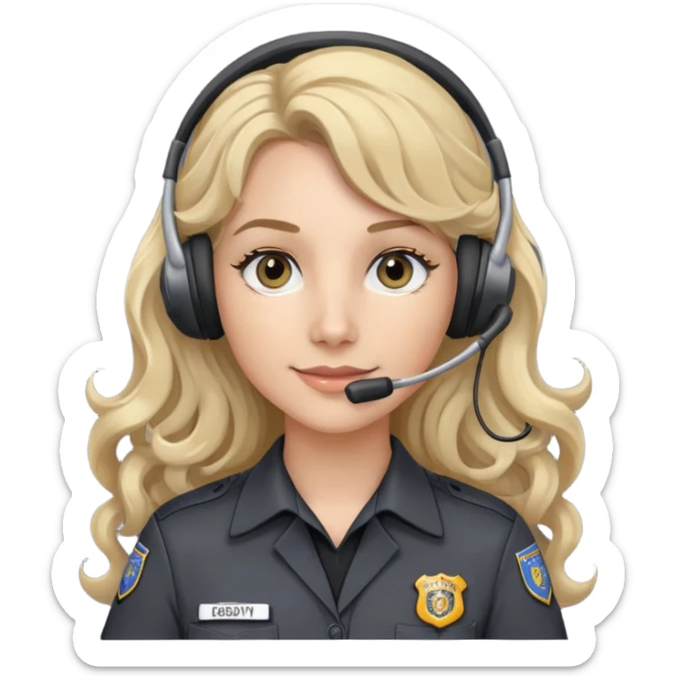911 dispatcher dark gray uniform, gray eyes, long curly blonde hair, head set sticker