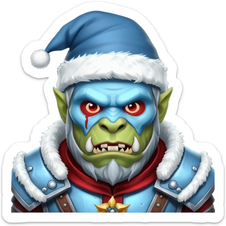 
Fantasy Christmas orc legion soldier icon, iron tundra army theme, heavy winter armor, disciplined brutal look, icy blue steel armor with deep crimson accents, frozen metal texture, cold winter atmosphere, male variant sticker