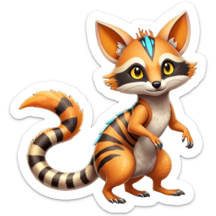 Fiery Wicked Cool Hot Edgy Badass Genet-Numbat-Sergal-Meloetta-Vernid-Civet-Trico-fusion-hybrid-creature sticker