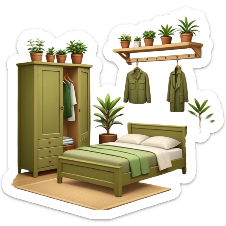 Organizing bedroom with olive green walls, wood bed, plants around, and wood closet sticker