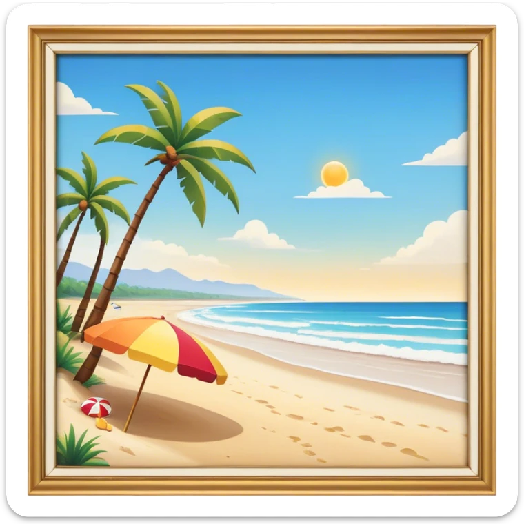 Cinematic Realistic Beach Emoji in a wooden frame, Sunny and bright, with soft golden sand stretching as far as the eye can see, gently lapping waves crashing onto the shore, and a clear, blue sky above. Palm trees sway in the warm breeze, and colorful beach umbrellas dot the landscape. Soft glowing outline, capturing the essence of a relaxed, joyful beach day filled with sun, sand, and surf! sticker
