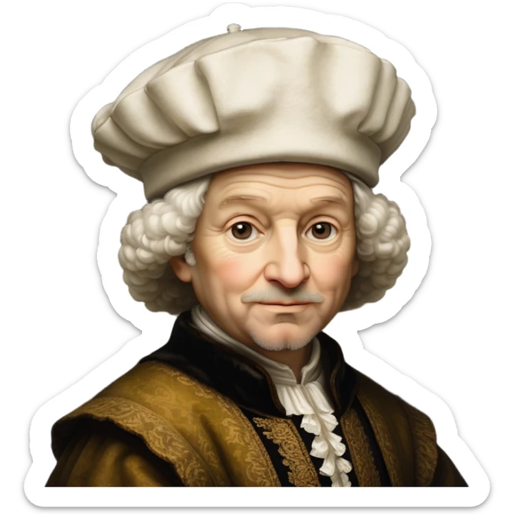 emoji of rembrandt,-shown-as-a-master-artist-with-deep,-introspective-eyes-and-richly-detailed-period-clothing,-rendered-with-dramatic-chiaroscuro-lighting-that-emphasizes-his-legacy white puffy hat sticker