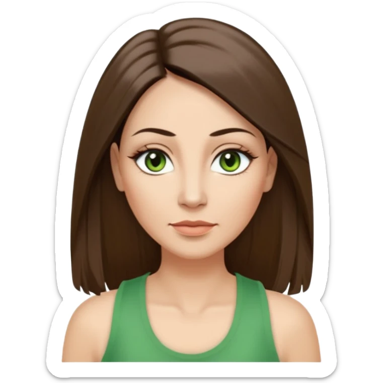 43 year old Adult woman avatar, light skin tone, long, oval face, long straight ashy brown hair, green almond-shaped eyes with dramatic eyelashes and minimal eyeliner, neutral mouth, medium straight eyebrows, average nose, smooth skin, high-neck tank top  sticker
