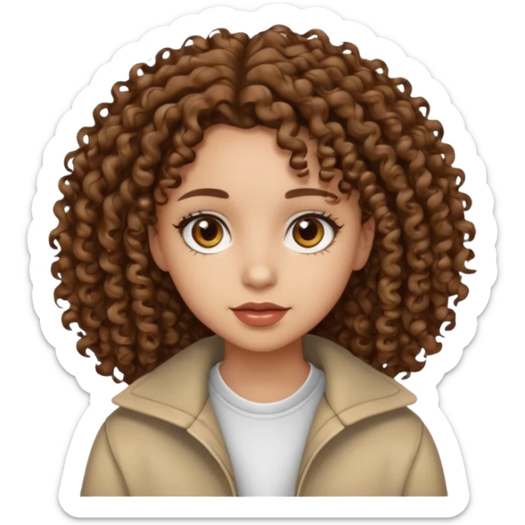 girl with very curly brown hair, light skin, brown eyes, wearing street style clothing sticker