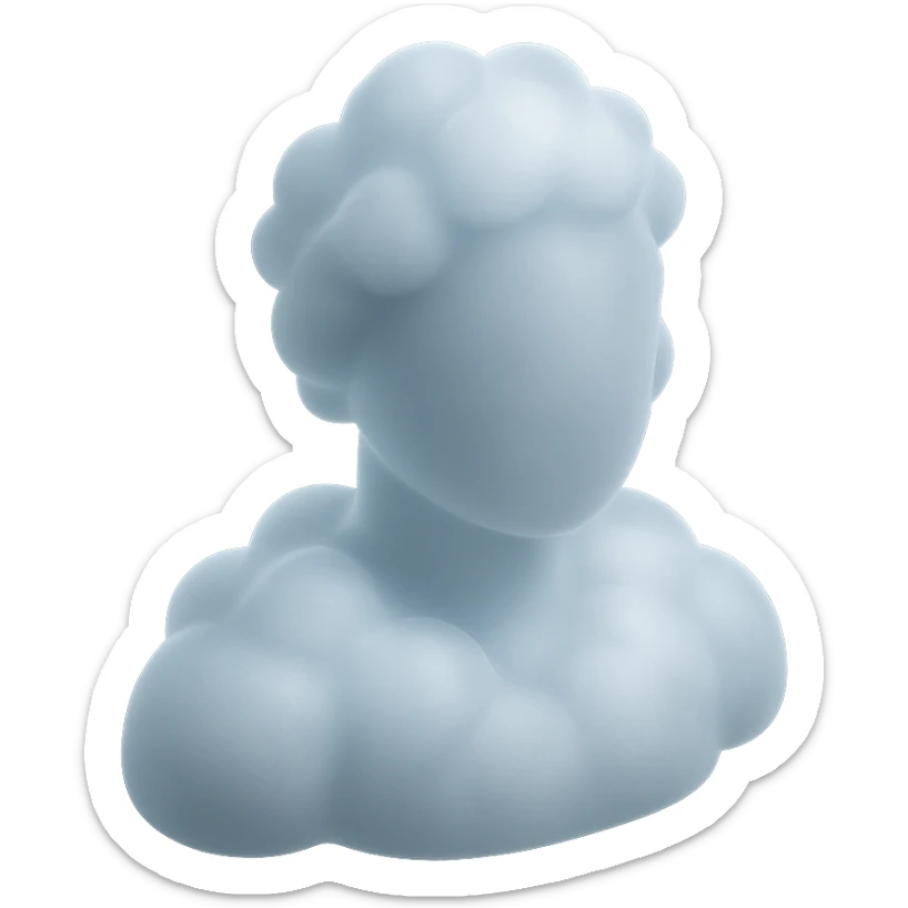 person made entirely of pure white puffy clouds, shoulders up, front view, matte glass style sticker