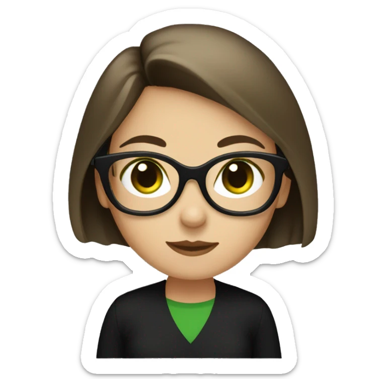 A girl with short brown hair and dark green eyes, black glasses and a black shirt sticker