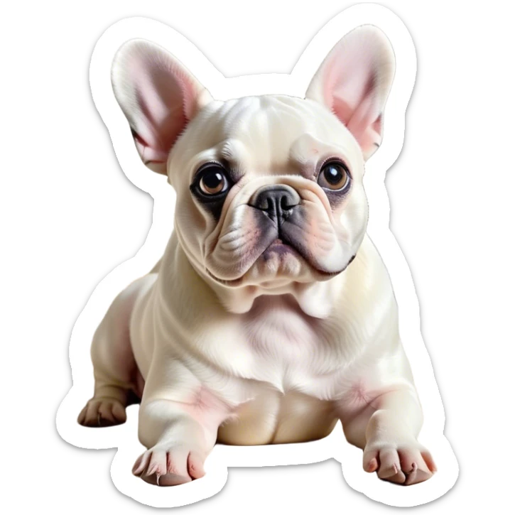 Cinematic Noble Pied French Bulldog Portrait Emoji, Radiating regal yet playful charm, with a distinctive pied fur of contrasting hues and a sculpted, expressive face featuring gentle, wise eyes and a confident stance, simplified yet artistically detailed, glowing with a soft, sophisticated radiance, high shine, exuding intelligent nobility and refined flair, soft glowing outline, capturing the essence of a noble Pied French Bulldog that embodies both strength and grace! sticker