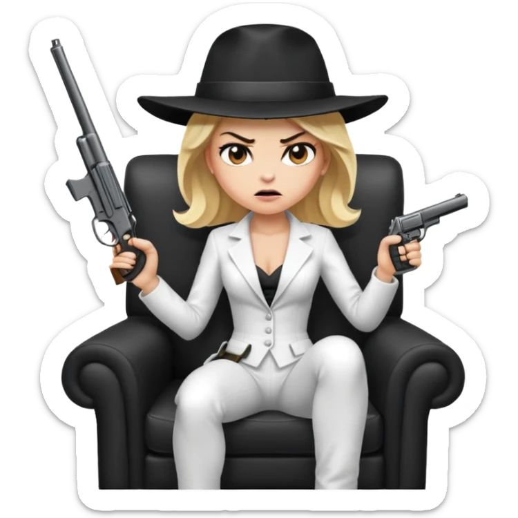 Mafia blondes angry woman in hat , gun ,black armchair , white costume  sticker