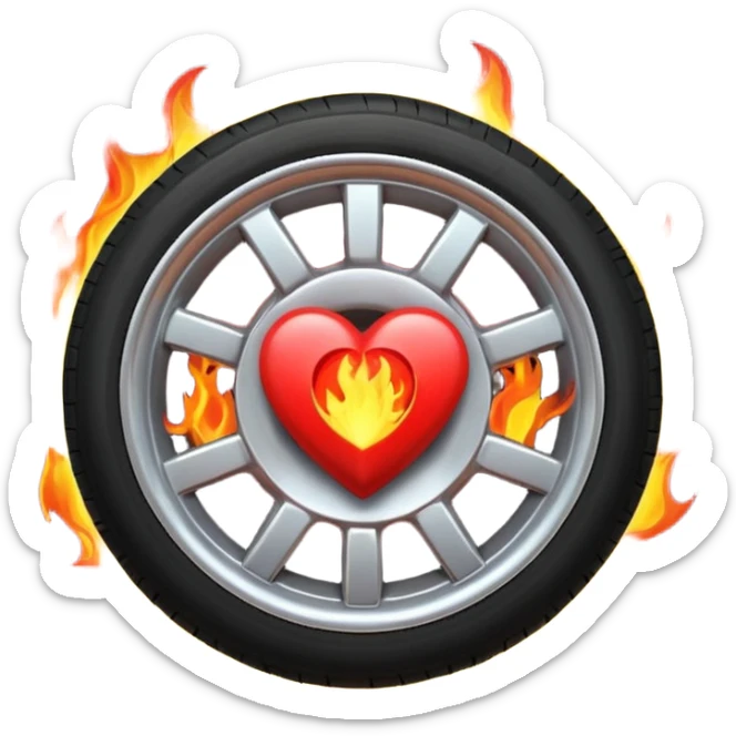 the car wheel is on fire, and in the center of the wheel there is a red fiery heart, high quality sticker