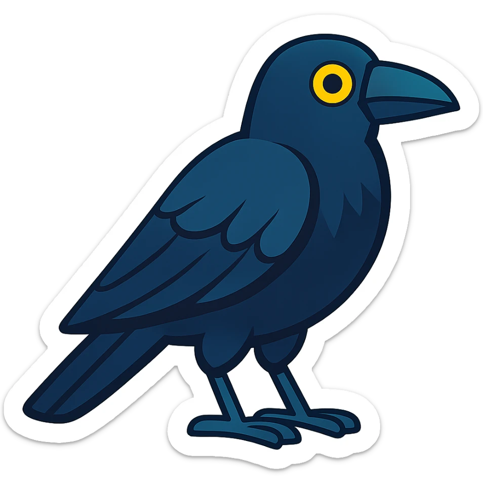 full body black raven bird emoji, facing right, simple detail, vibrant cartoon style sticker