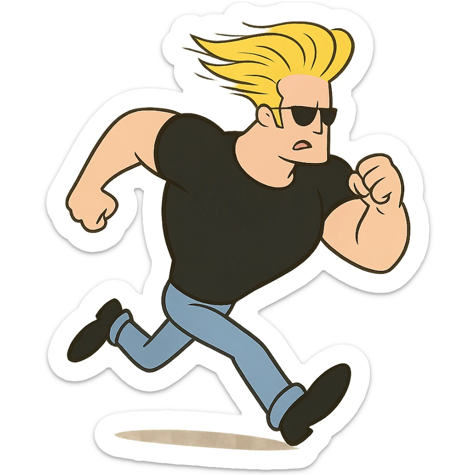 johnny bravo cartoon character, running with wind-blown hair, cartoon style sticker