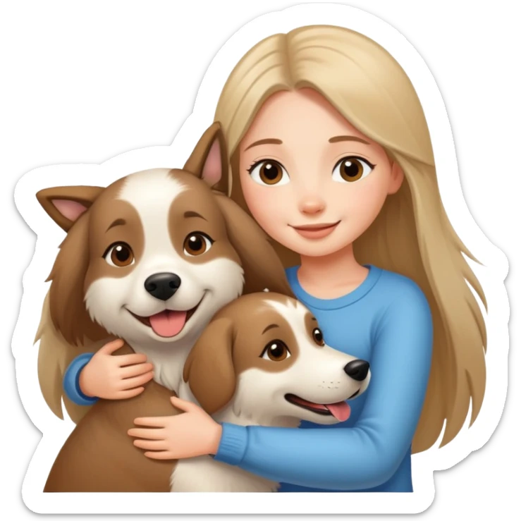 A beautiful girl with long straight hair happily hugs an Alaskan dog sticker