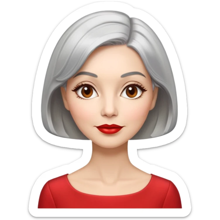 Sophisticated 70s woman with silver-gray bob cut, fair skin, almond eyes, distinctive cheekbones, wearing red lipstick and red blouse, warm friendly expression sticker