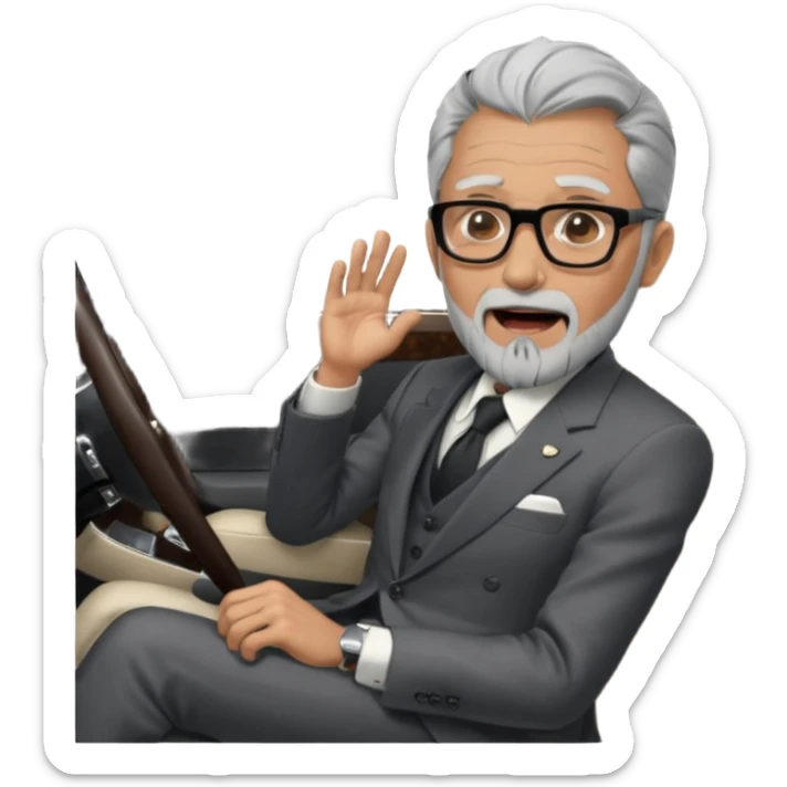 Professor Bentley Dyed black gray hair  frencb beard graying indian guy in suit sitting in a bentley car and screaming fraud. Older look around 60 yrs  with glasses slight balding sticker