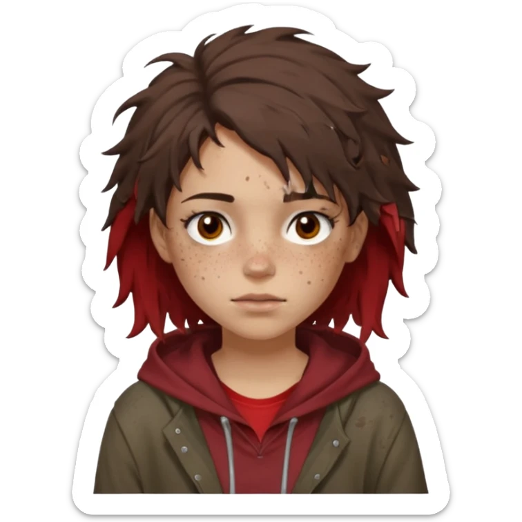 Hobo tomboy with light skin, freckles, dark brown shoulder-length hair in a messy style, brown eyes, dark brown hoodie, dull red shirt. sticker