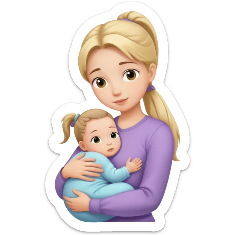 Girl with ponytail gently hugging a newborn baby and a young girl, family moment sticker