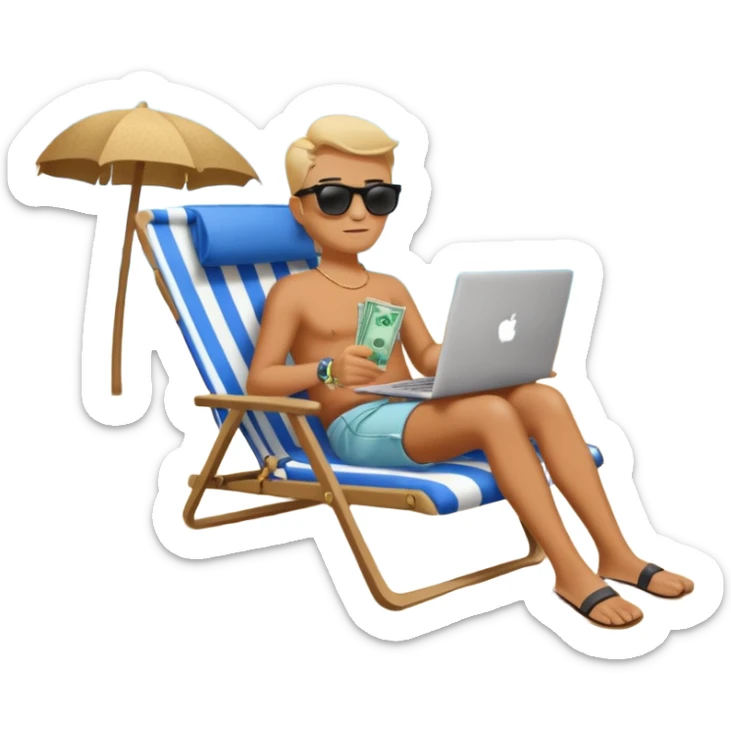 Emoji-style person relaxing on beach chair with laptop and money bag, “$20K” written in sand, sky gradient background, calm and successful tone sticker