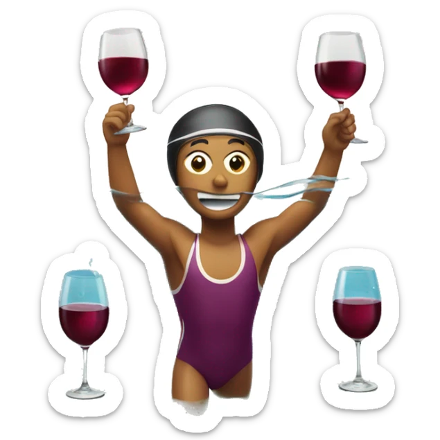 a swimmer swimming a marathon in a glass of wine. sticker