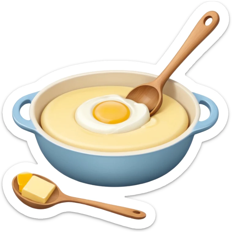 A cream ceramic baking bowl with a wooden spoon in it, next to it is a carton of eggs and butter sticker