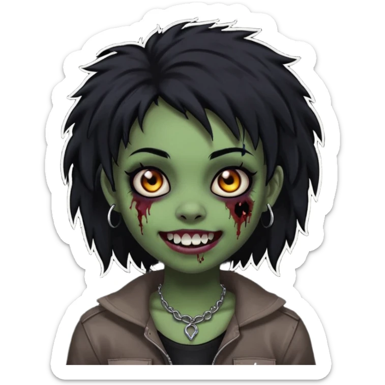 girl, zombie, black coily hair, medium long, emo, shaggy, dark, spooky,double eyebrow dermal piercing, cute illuminous smile sticker