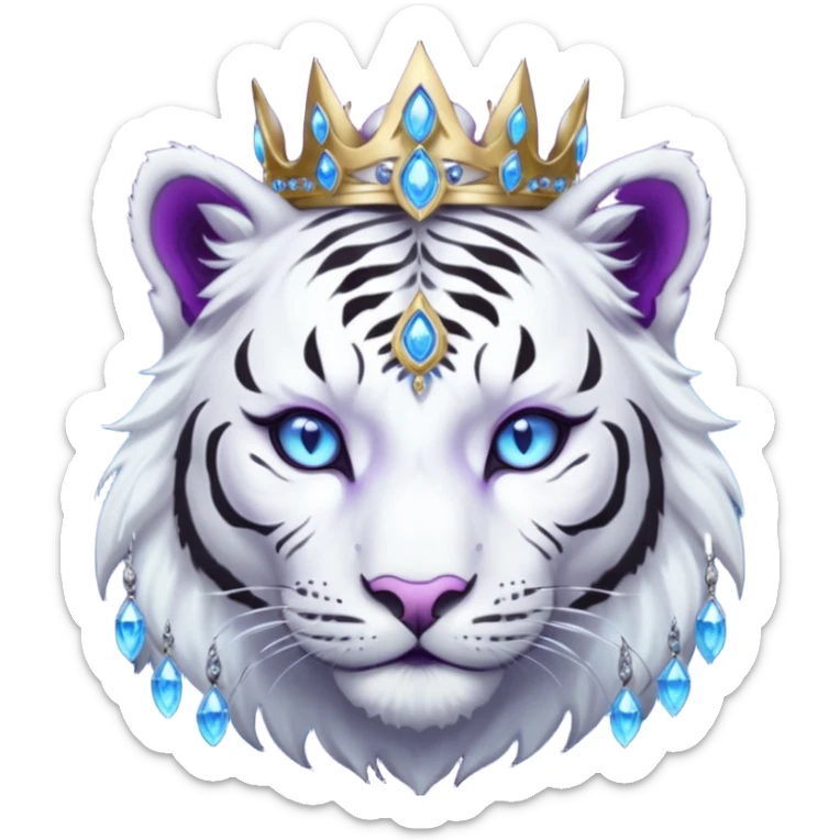 ESO Female white/black tiger khajiit leader of the umbral rose, glowing blue eyes, glowing blue 'third eye' gem; silver crown/tiara with purple gems  sticker