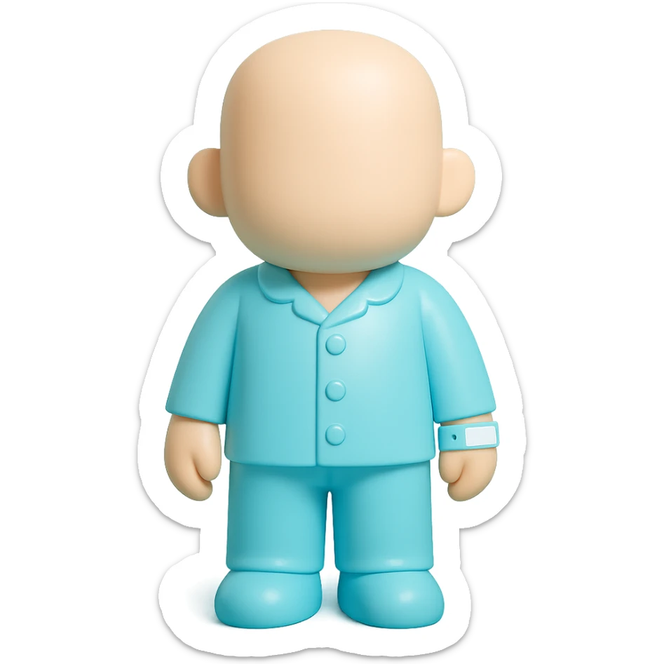 professional 3D vinyl toy figure of a faceless adult wearing #6fe8f3 pajamas and a hospital wristband, clean minimalist style, designed for Discord role icon use sticker