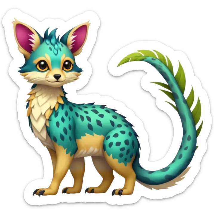 Feral Rare Fantasy vibrant colorful tropical Vernid-Trico-species by LiLaiRa, random markings, tufted tail, tufted ears, full body sticker