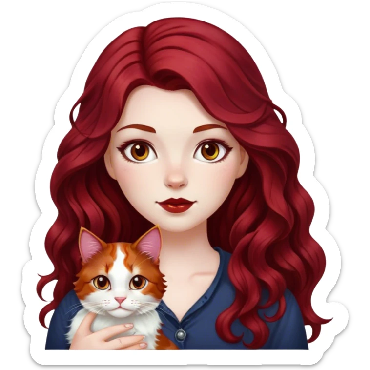 a white girl with dark red cherry long wavy hair and calico cat sticker