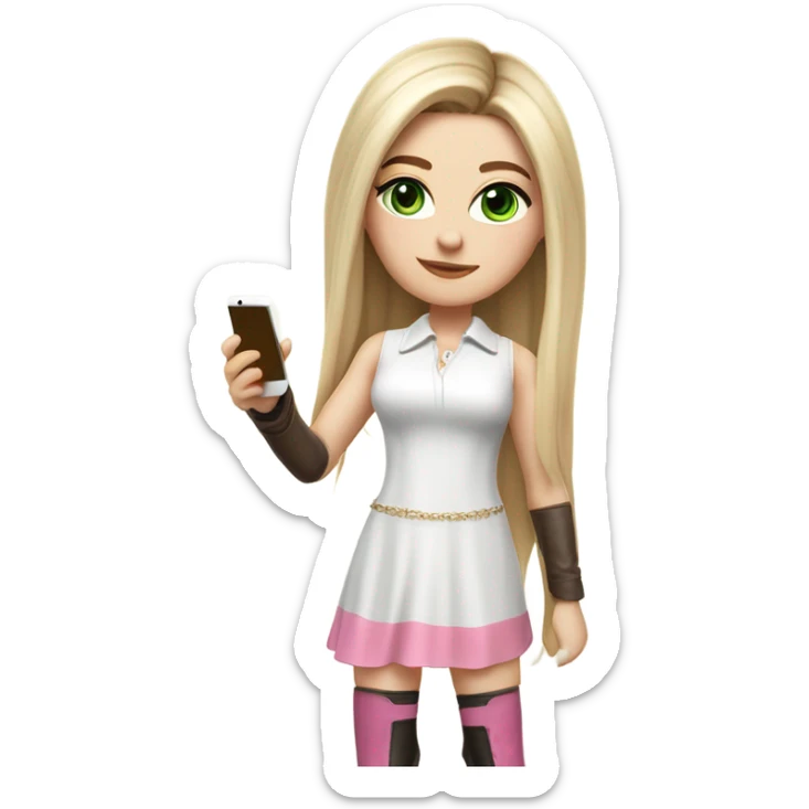 Realistic White girl with Long straight blonde hair, green eyes, tattoos, full body wearing white dress and pink knee-high leather boots, doing cute selfie pose sticker