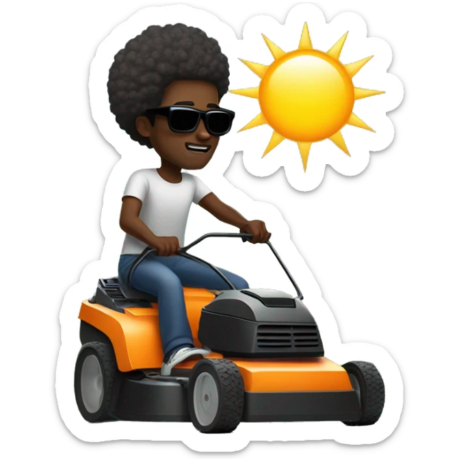 Black man with afro and sunglasses pushing a lawnmower and listening to music with sun rising in background sticker
