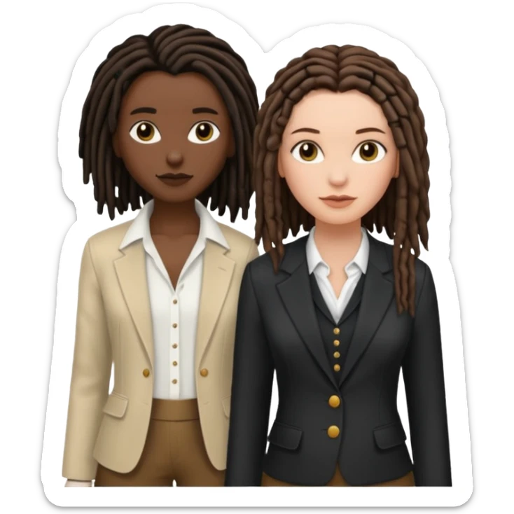 white woman brunette with short hair feminine clothes. And black woman with long dread locks with more masculine clothes sticker