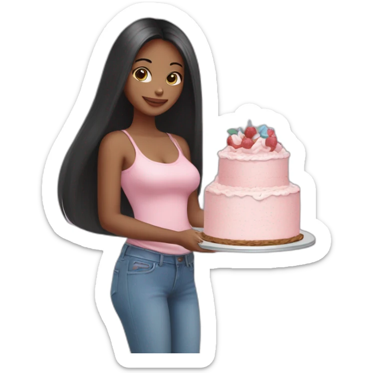 Thin fair girl with little long face and long black straight hairs, in baby pink top and blue jeans holding a cake  sticker
