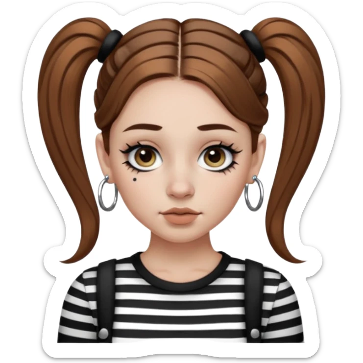 a white girl with brown hair in very low pigtails black eyeliner big false eyelashes with a septum piercing nose piercing big hoop earings dermals close to the eyes one on each side wearing a black and white striped long sleeve shirt sticker