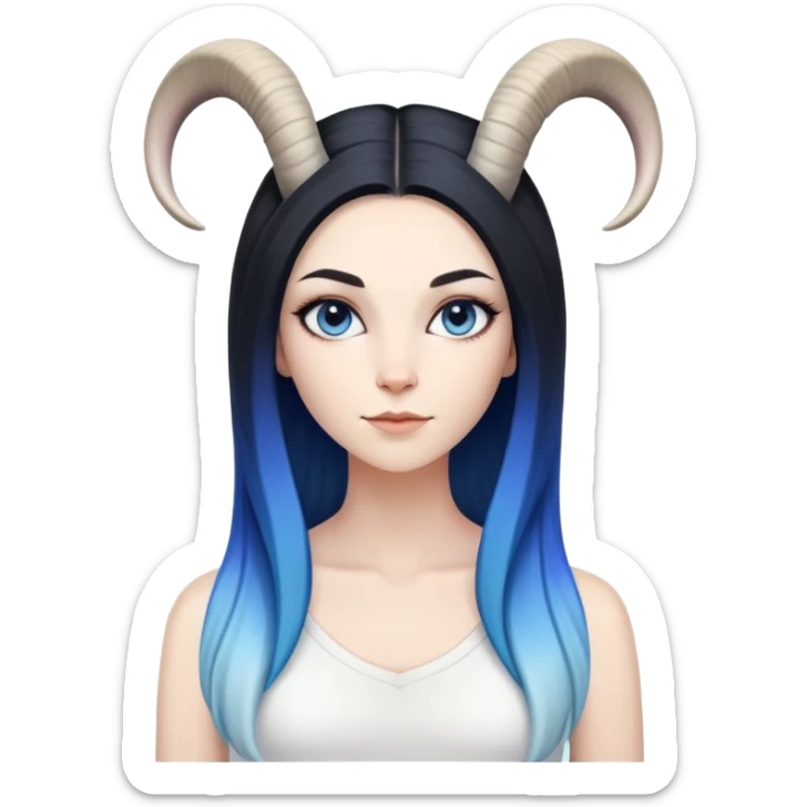 Art of a human white woman's very perfect body scheme anatomy-very long straight black to blue hair ombre-small goat horns-lean back sticker