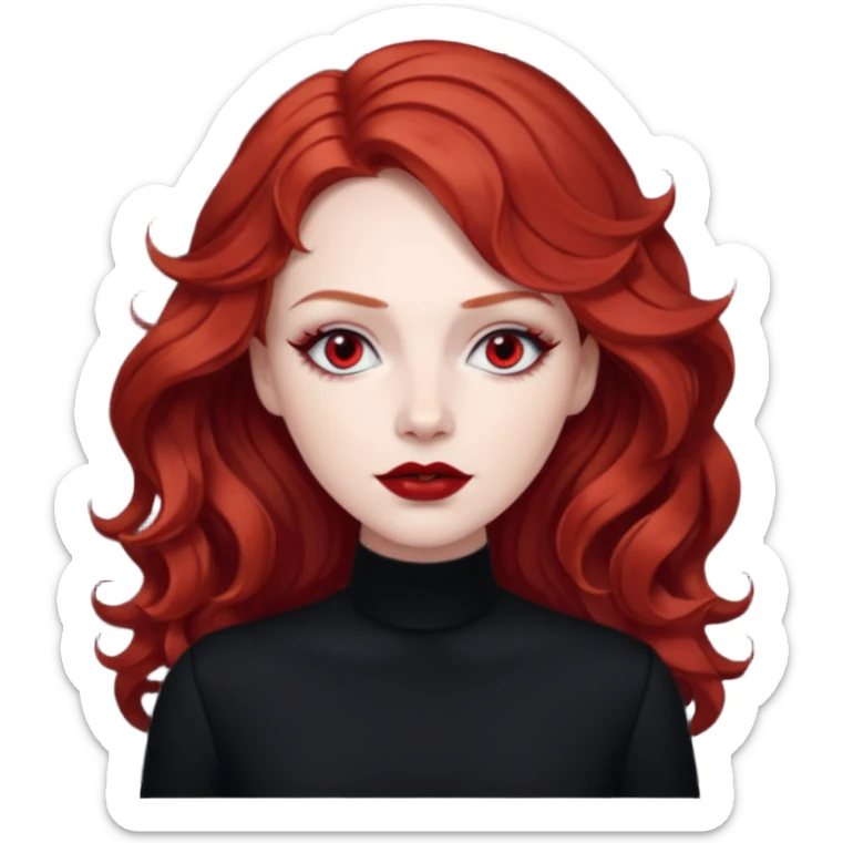 Julia Grant from Summer of Fear with medium red wavy hair, black outfit, white and red eyes sticker